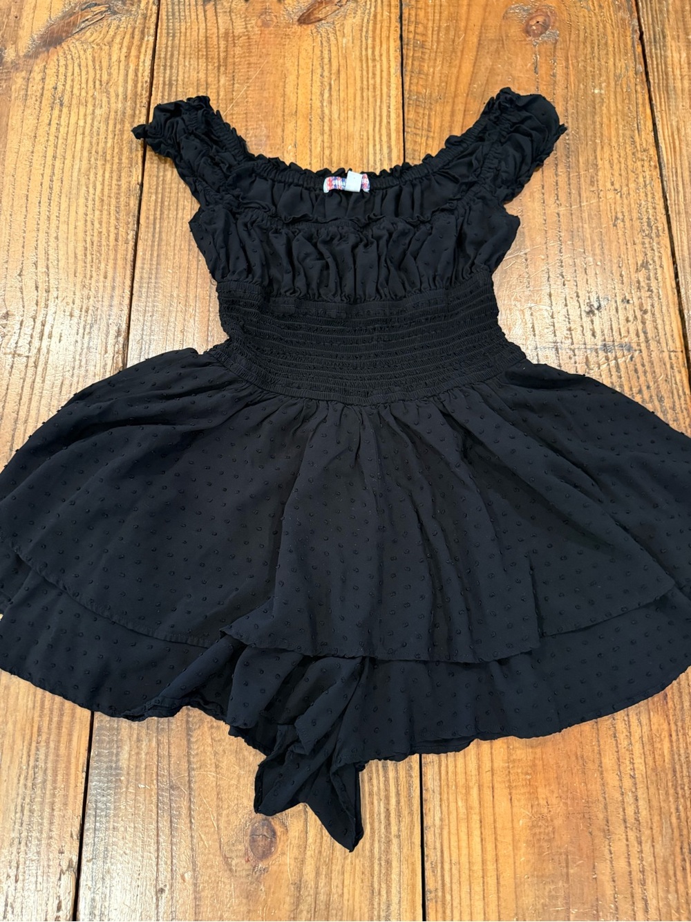 Urban Outfitters Black Swiss Dot Ruffle Smocked Off Shoulder Romper Size Medium